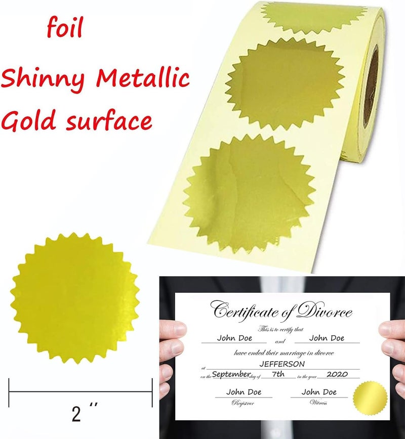 SMARSTICKER 2" Gold Foil Blank Notary Certificate Wafer Medal Seals Labels/Envelope Package Seals Serrated Edge Color Coding Awards Legal Embossing Stickers (300 per roll - Image 2